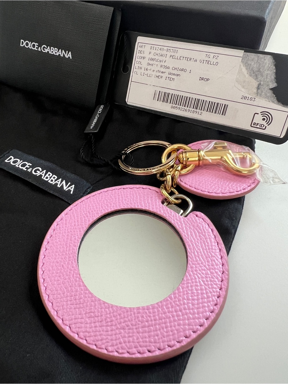 Dolce & Gabbana Pink Leather Round Mirror Keyring Charm NIB - Picture 5 of 8